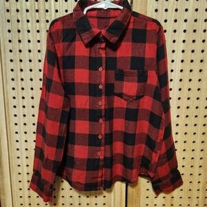 Red And black plaid Flannel button up shirt Kids M 8 Super Soft